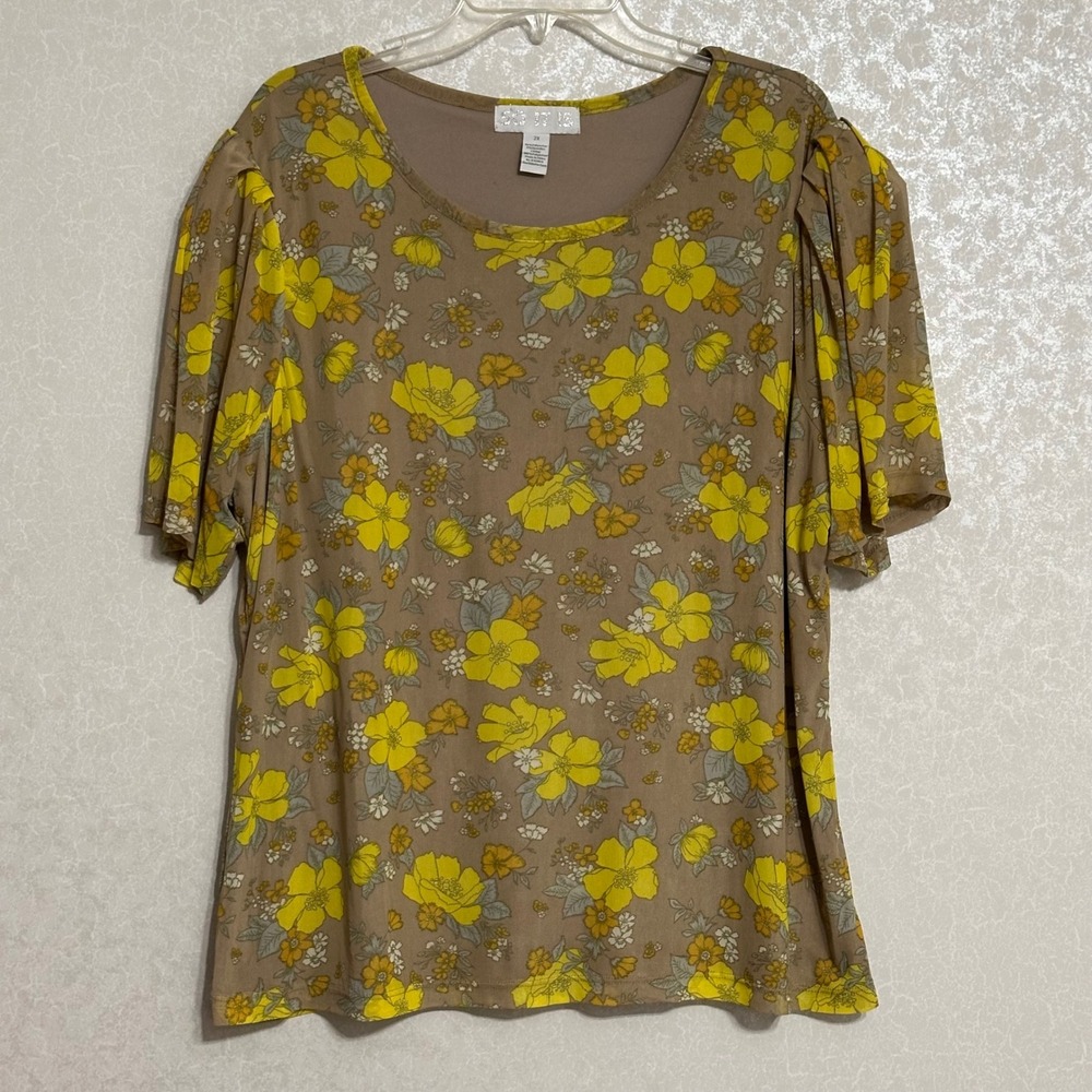 So It Is 2X Floral Print Top Puff Short Sleeve Shirt Yellow‎ Brown Blouse Boho